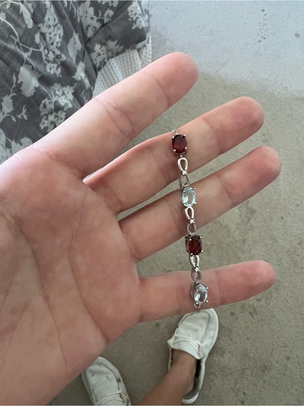Sterling Silver Red Garnet and Aquamarine Link Bracelet